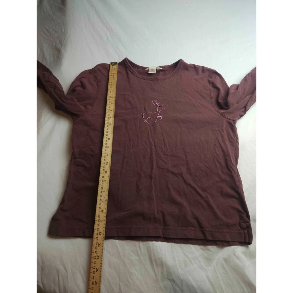 Woolrich Tee Shirt Womens Medium Brown Knit Embroidered Reindeer Long Sleeve Top